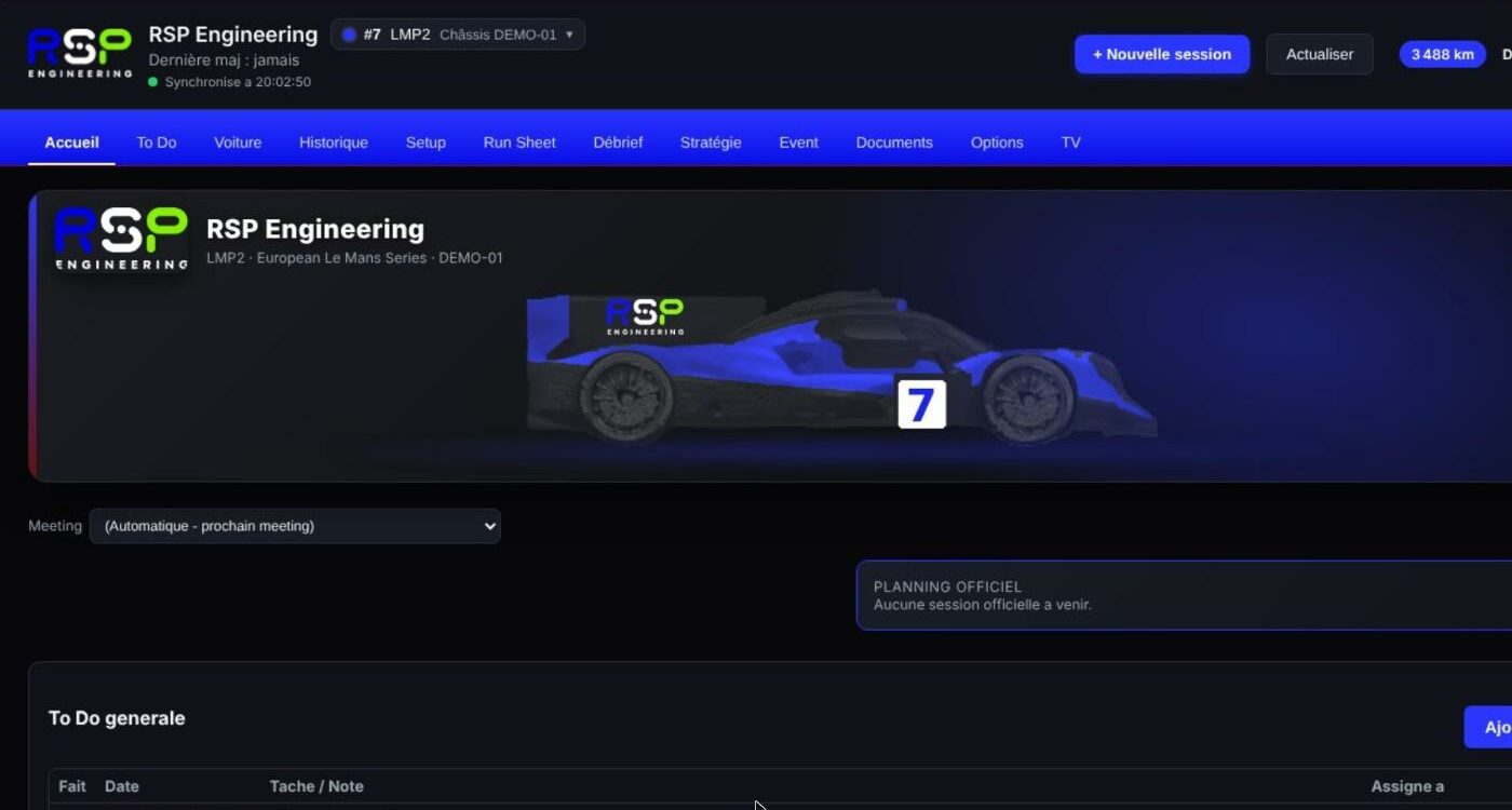 Appli d'équipe RSP Engineering : accueil avec la LMP2 #7